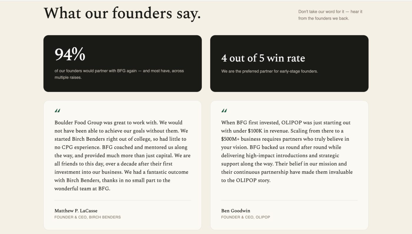 BFG Founder Testimonials section